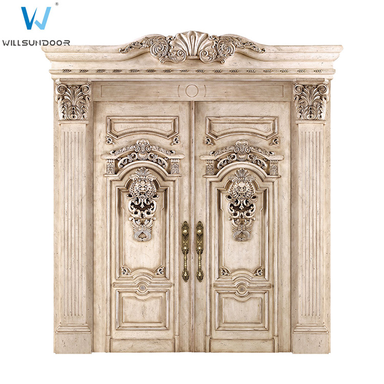 French Style Royal Wood Carved Double Entrace Door/ Luxury Noble Classic Beige Villa Entrance Door