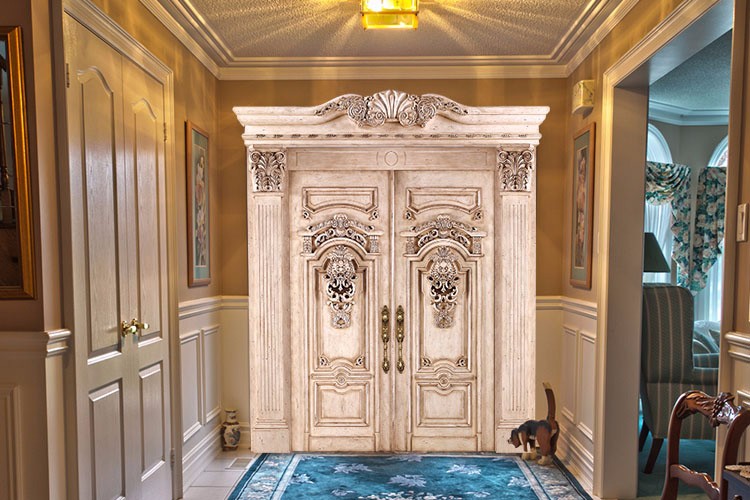French Style Royal Wood Carved Double Entrace Door/ Luxury Noble Classic Beige Villa Entrance Door
