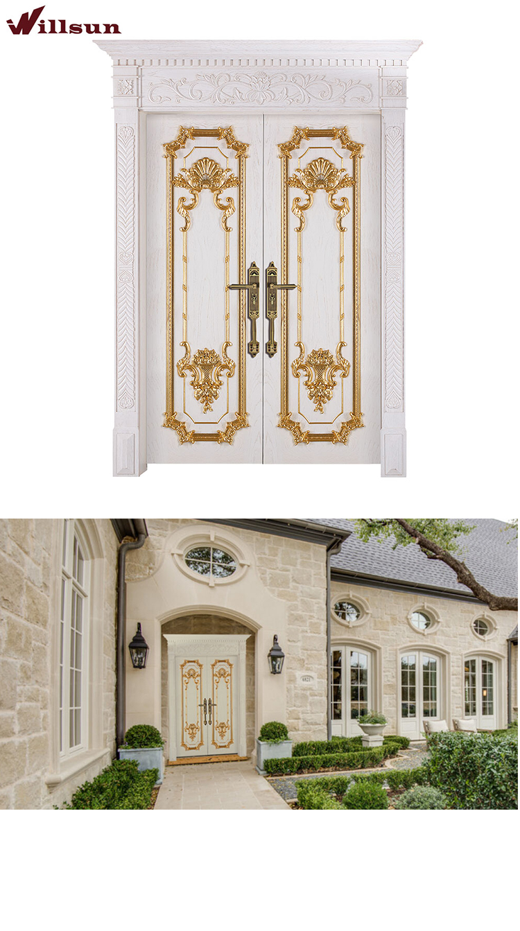 European Style Waterproof Metal Handle Solid Wood Door Exquisite Carving Entrance Door